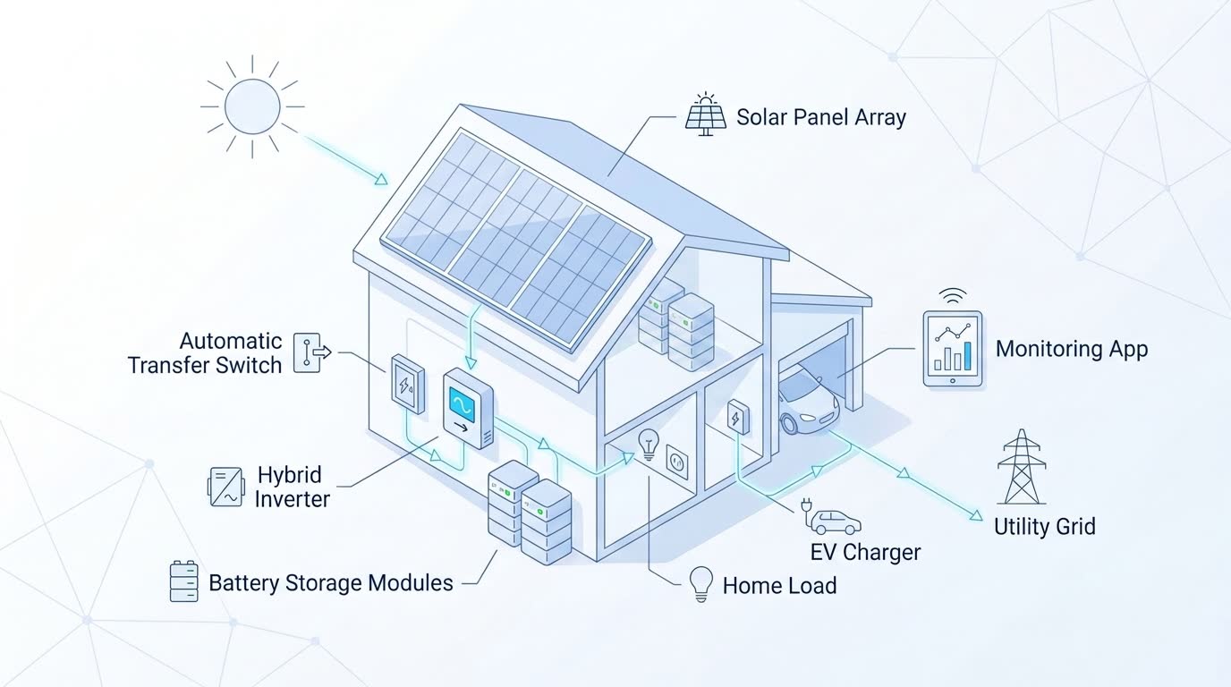 Diagram alur sistem PLTS: panel surya, inverter hybrid, bank baterai, beban rumah, dan jaringan PLN beserta arah aliran energinya.
