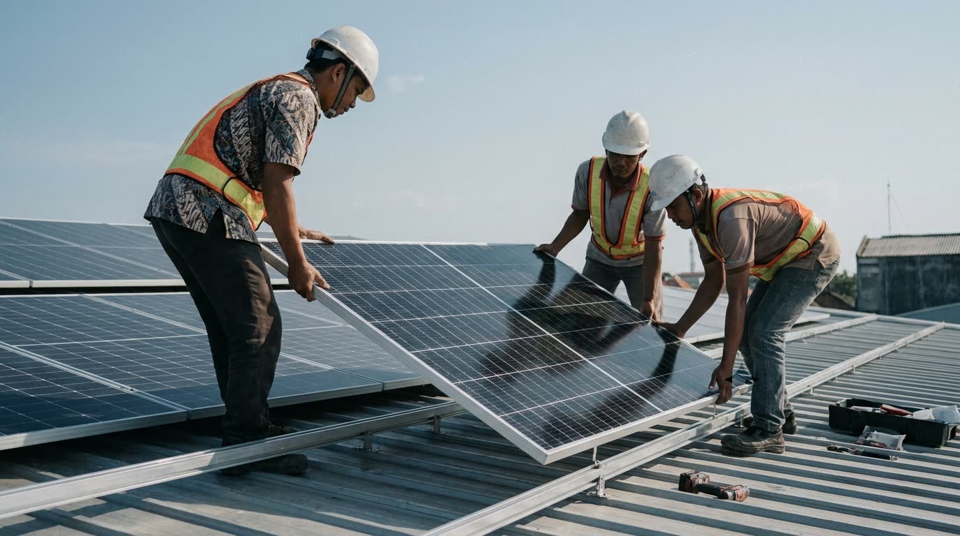 Teknisi Barokah Energy memasang panel surya di atap rumah pelanggan.
