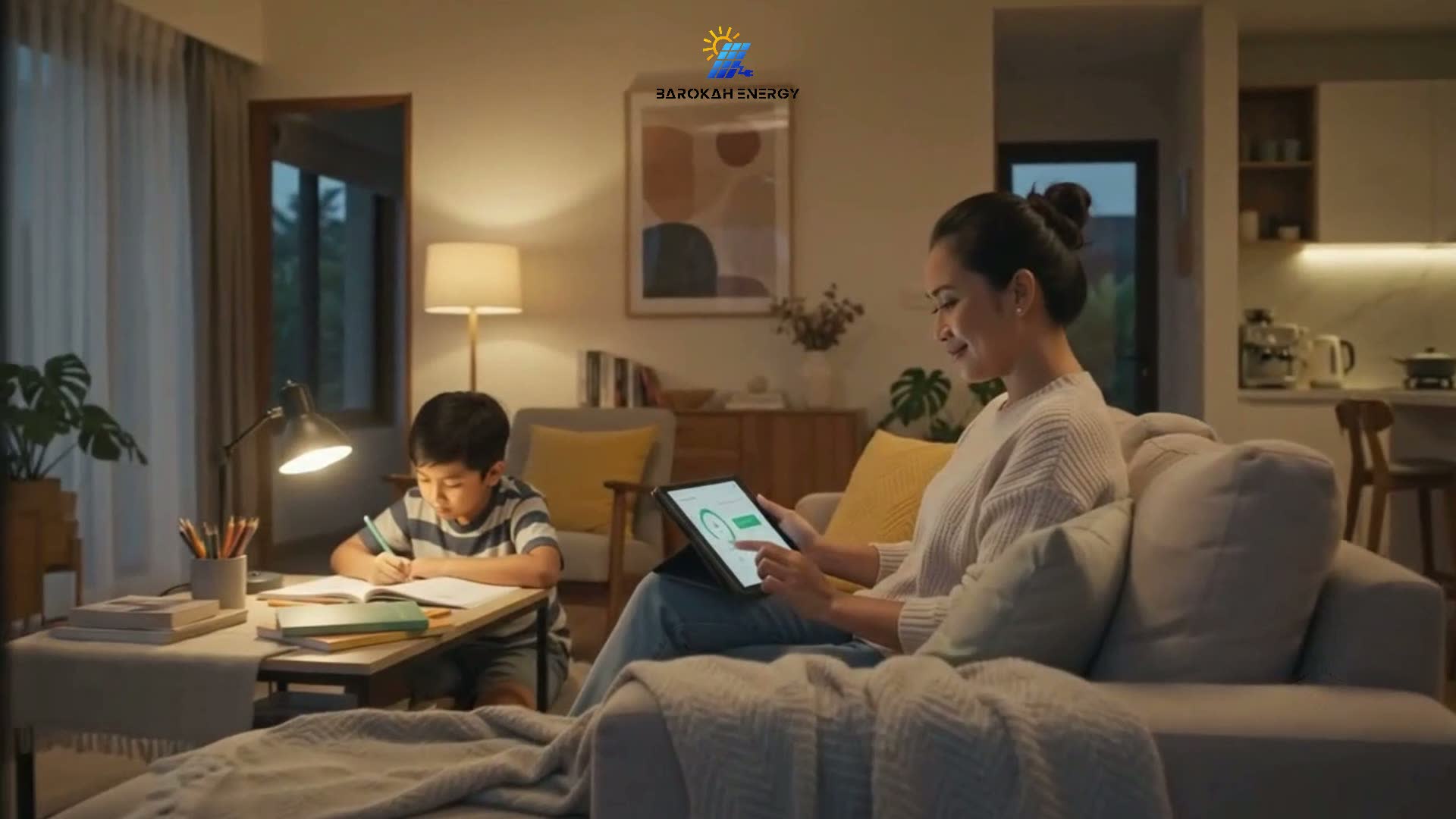 Rumah tinggal dengan sistem PLTS hybrid terpasang, dilihat pada malam hari saat beban rumah tangga sedang tinggi.